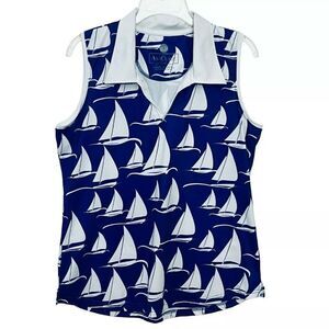 Ana Clare Active Golf Tennis Polo Sleeveless Nautical Sailboat Print Top L